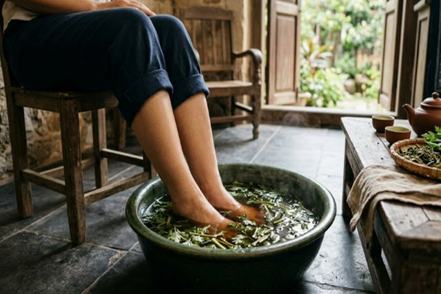 5 lợi ích của việc ngâm chân nước ngải cứu